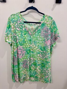 Lilly Pulitzer Green & Pink Floral V Neck Top NWOT